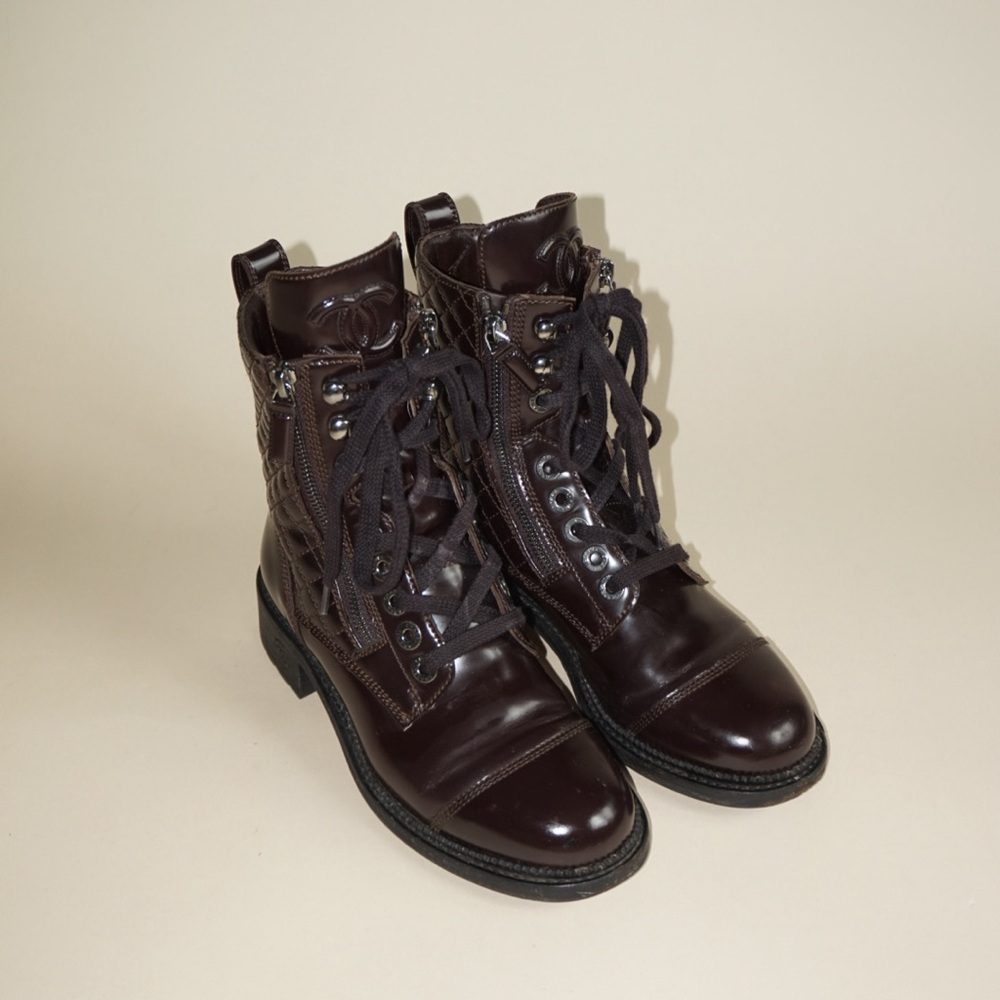 Chanel Dark Burgundy Shiny Calfskin Quilted CC Lace Up Combat Boots -Size 36.5